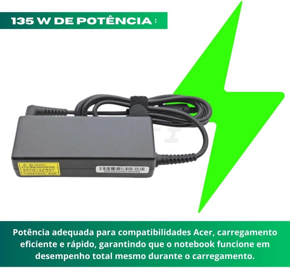 Fonte Carregador Para Notebook Gamer Acer 135w de Potência 19V 7.1A Pino 5.5x1.7mm Compatível com Aspire Nitro 5 Predator Helios 300, referência PA-1131-16, com cabo de força, bivolt - Imagem 8