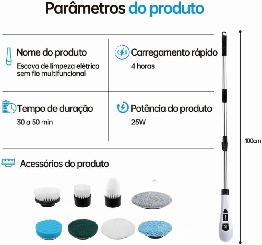 Esfregão Elétrico Giratório 9 em 1 com Cabo Ajustável e 9 Cabeças Intercambiáveis – Escova Multifuncional para Limpeza de Banheiros, Pisos e Azulejos, Prática e Poderosa! - Imagem 3