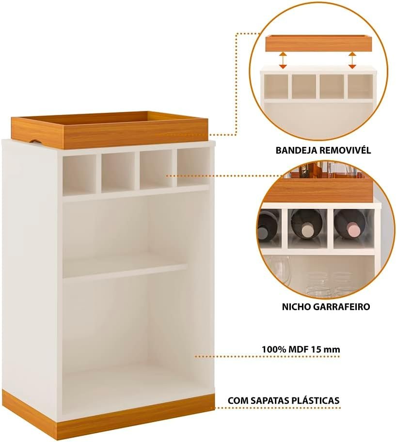 VIA NOSSA - Aparador Bar Retrô Bandeja de Mdf Adega 4 Garrafas Astúrias Cor:offwhite/cedro - Imagem 5