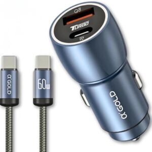 Carregador Veicular Turbo 60W Duas Portas Para Automóvel Carregador de Carro Duas Entradas com Carregamento Super Rápido + Cabo USB-C Premium