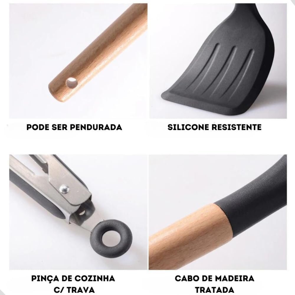 Kit 12 Utensílios De Cozinha Em Silicone E Cabo De Madeira Jogo De Utensílios Resistente ao Calor Antiaderente Premium GAXMARK - Imagem 4