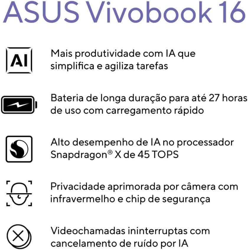 Notebook ASUS Vivobook 16 X1607QA SNAPDRAGON X1 26 100 16Gb Ram 1TB SSD Windows 11 Home Tela 16" FHD Silver - MB092W - Imagem 2