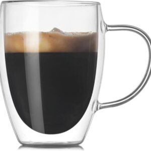 Xícara de Vidro Dupla para Café 450ml Canecas Durável de Vidro Resistente de Parede Dupla com Alça para Chá Quente Leite Latte Cappuccino Americano Bebida Premium Xícara de Vidro Dupla para Café 450ml Canecas Durável de Vidro Resistente de Parede Dupla com Alça para Chá Quente Leite Latte Cappuccino Americano Bebida Premium
