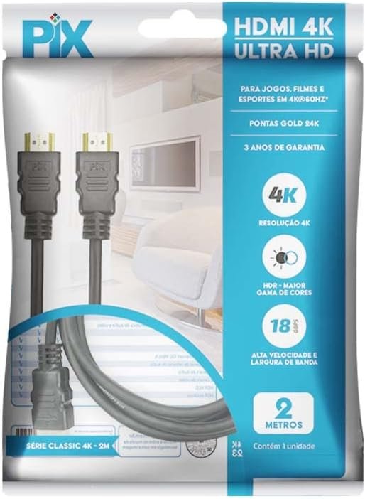 PIX Cabo Hdmi 2.0 4K Hdr 19P 2M Pix Gold, Preto - Imagem 5