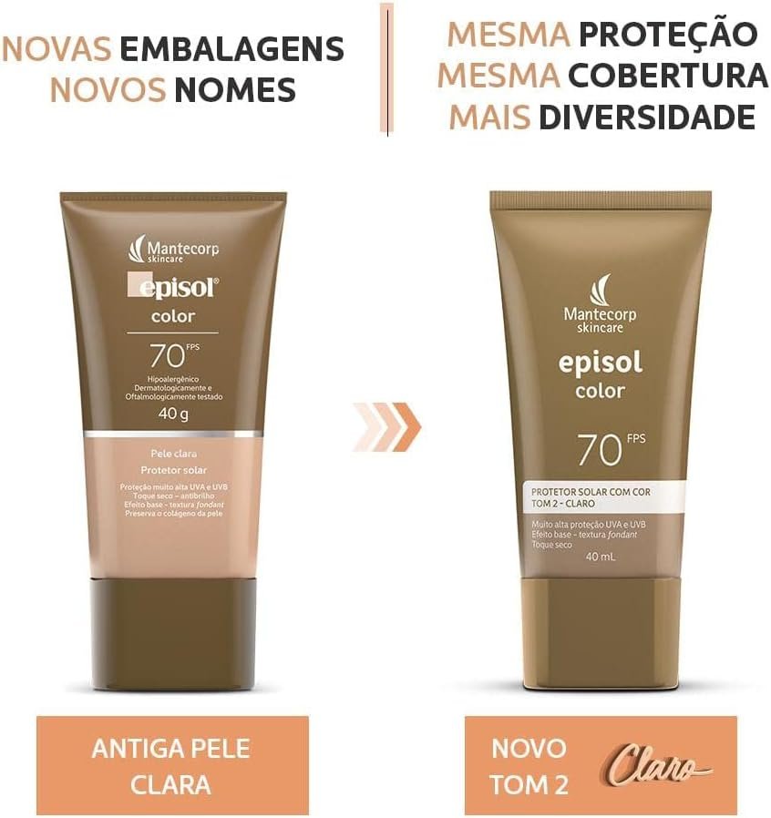 MANTECORP - Protetor Solar Facial Episol Color FPS 70 - Efeito Base, Alta Proteção UVA e UVB, Toque Seco, Rápida Absorção - Tom 2 Claro - 40ml - Imagem 4