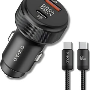 Carregador Veicular Turbo 60W Para Automóvel Carregador de Carro Duas Entradas com Carregamento Super Rápido + Cabo USB-C Premium Compatível Com Dispositivos IOS e Android