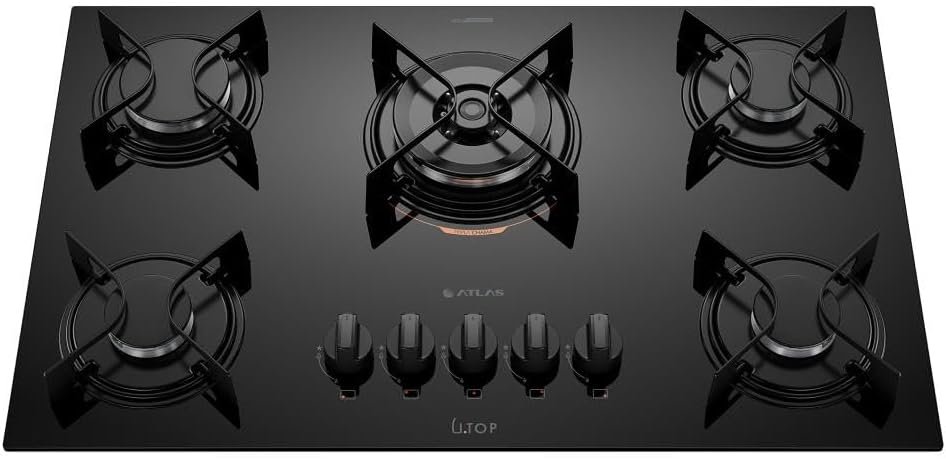 Cooktop 5 Bocas Preto com Mesa de Vidro e Tripla Chama Atlas U Top Bivolt