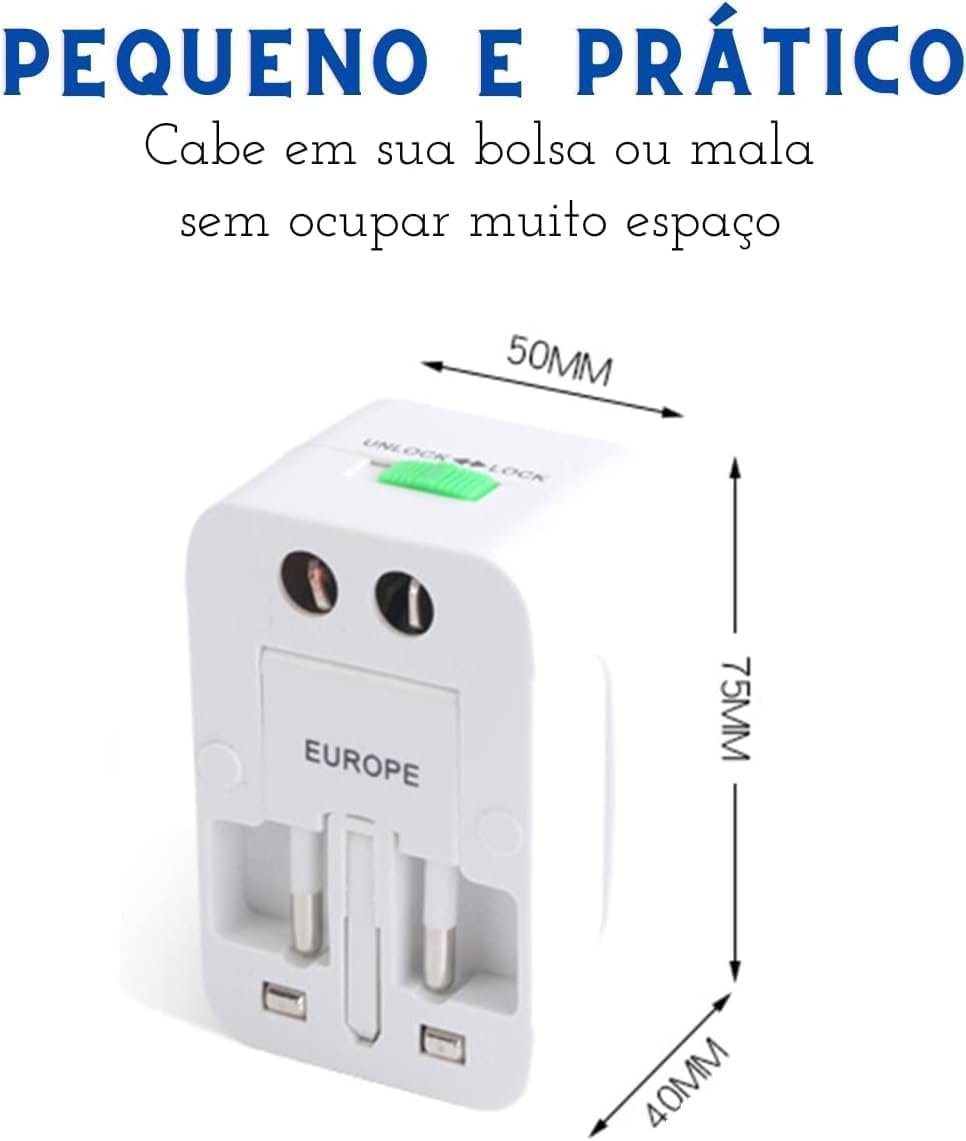 Adaptador de Tomada Universal Para Viagem Padrão Internacional Europa UK Asia EUA JP AU EU Europeu 3 Pinos Mais de 150 Países Bivolt Trava de Segurança Portátil Ajustável Super PREMIUM - Imagem 3
