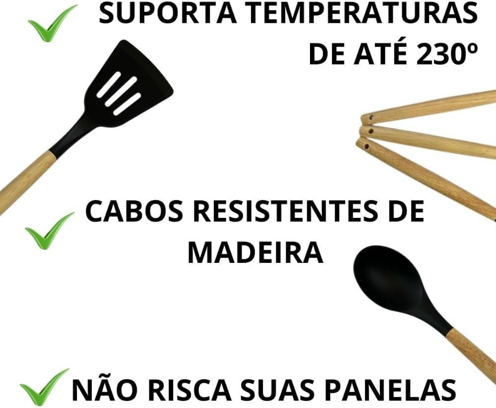 Kit 12 Utensílios De Cozinha Em Silicone E Cabo De Madeira Jogo De Utensílios Resistente ao Calor Antiaderente Premium GAXMARK - Imagem 5