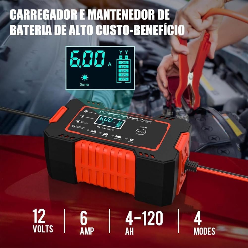 Carregador de Bateria 12v Inteligente com Display informativo Para Carro, Moto, Caminhao- Linha Prime - Imagem 3