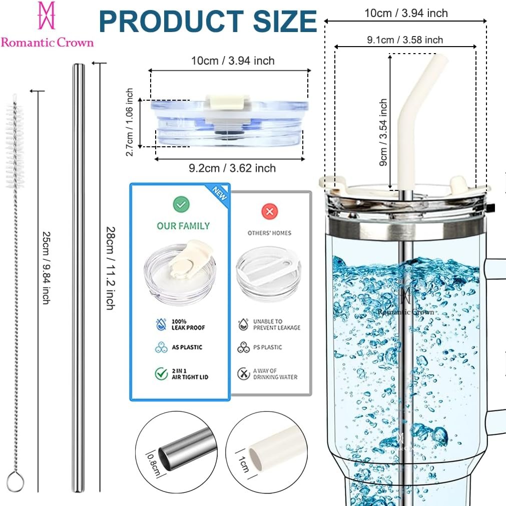 Romantic Crown Copo Térmico com Canudo Tampa e Alça 1,18L, Cops Garrafas Termico para viagem vácuo dupla camada aço inoxidável, Caneca Termica Cafe Água Chá,Presente, Fitness (Preto) - Imagem 4