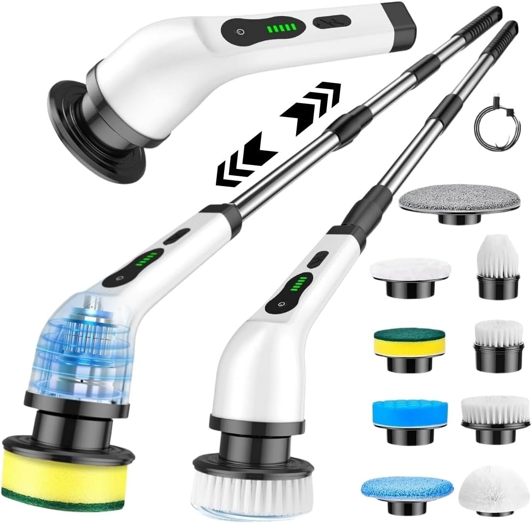 Esfregão de Limpeza Elétrico 9 em 1 com Cabeças Giratórias Ajustáveis - Escova Elétrica Recarregável Multiuso Bivolt com Cabo Extensor Sem Fio para Banheiro Cozinha Piso Azulejo Vidro