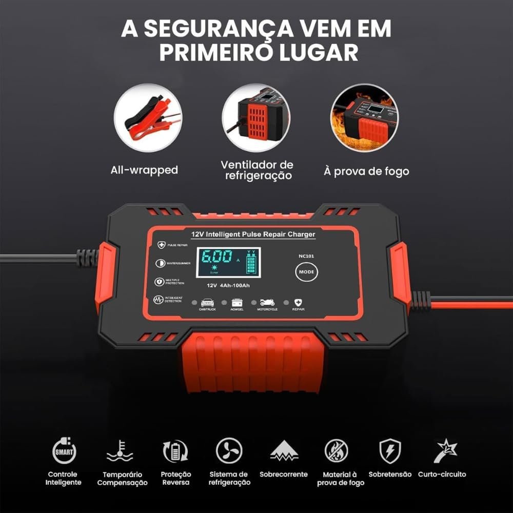 Carregador de Bateria 12v Inteligente com Display informativo Para Carro, Moto, Caminhao- Linha Prime - Imagem 2