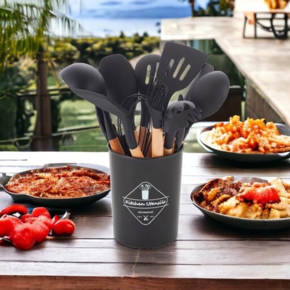 Kit 12 Utensílios De Cozinha Em Silicone E Cabo De Madeira Jogo De Utensílios Resistente ao Calor Antiaderente Premium GAXMARK - Imagem 7