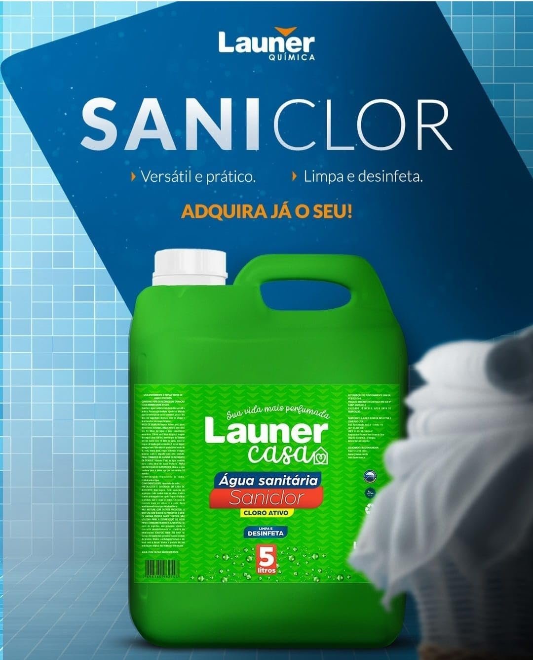 Água Sanitária – Baixo Odor, Desinfetante Multiuso, Limpeza Profunda e Eliminação de Germes e Bactérias -Launer Casa Saniclor 5L