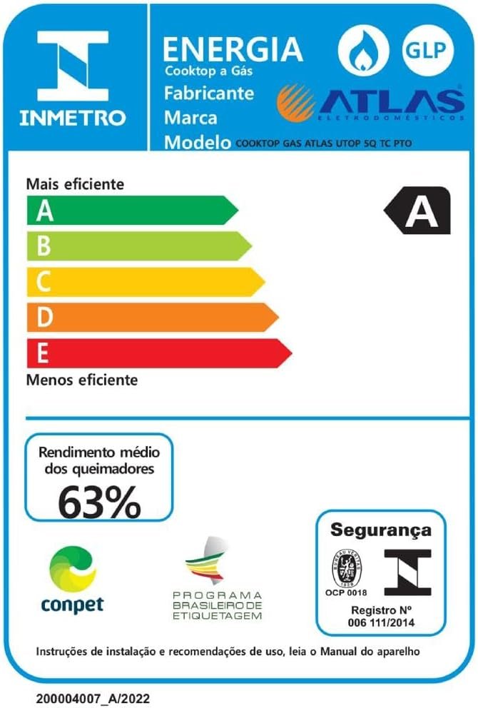 Cooktop 5 Bocas Preto com Mesa de Vidro e Tripla Chama Atlas U Top Bivolt - Imagem 7