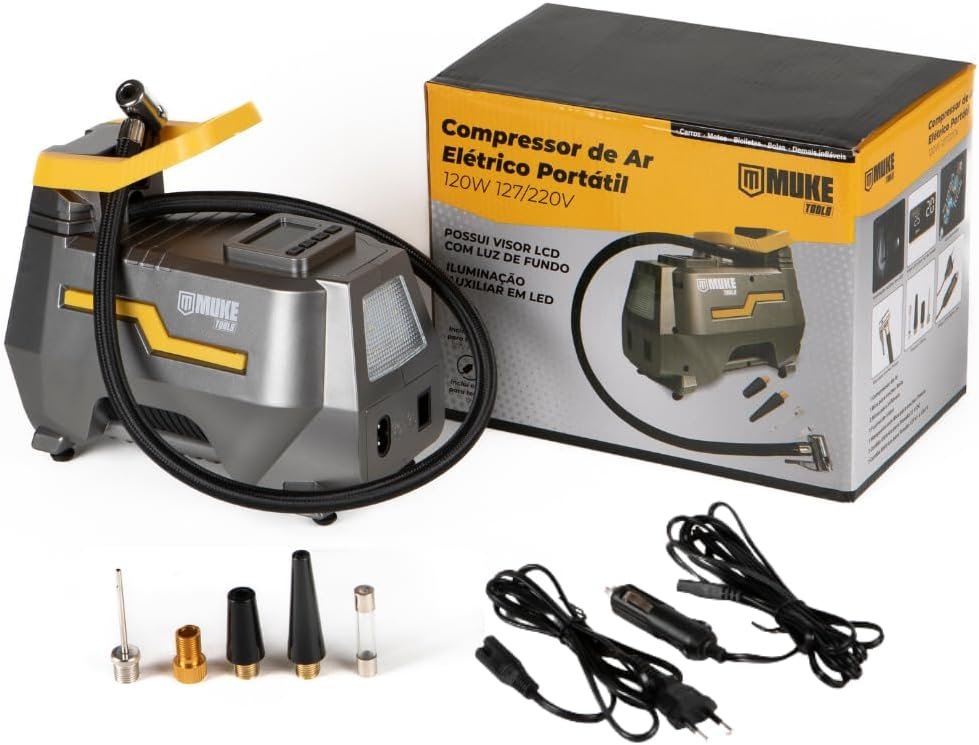 Mini Compressor De Ar Elétrico Portátil Bivolt 110/220v E 12v Muke Tools 120w 150 Psi Para Carro E Casa - Imagem 4