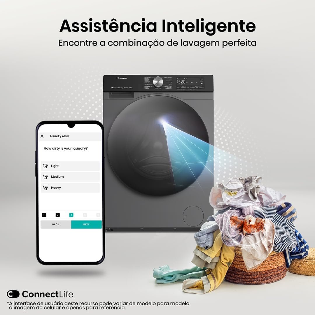 Hisense Lava e Seca, 13kg Lavagem/8kg Secagem, Wi-Fi, Steam, 13 Programas, Motor Inverter, Painel Touch, Titanium WD3S13-220V - Imagem 5