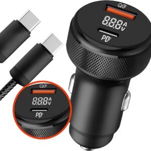 Carregador Veicular Universal Rápido para Carro Automóvel 60W Turbo Power com 2 Entradas USB + Cabo USB-C Incluso Carregamento Ultra Rápido para Celulares, Tablets e Dispositivos Eletrônicos – Premium