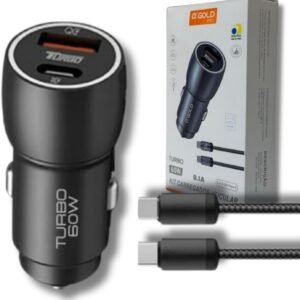 Carregador Veicular Turbo 60W Pro, Kit com Cabo USB-C. Duas portas USB 3.0 + USB-C, Led, Carregamento Rápido 9.1A Fast Charge Carro/Automotivo Compatível com IOS e Android – Premium (Preto)