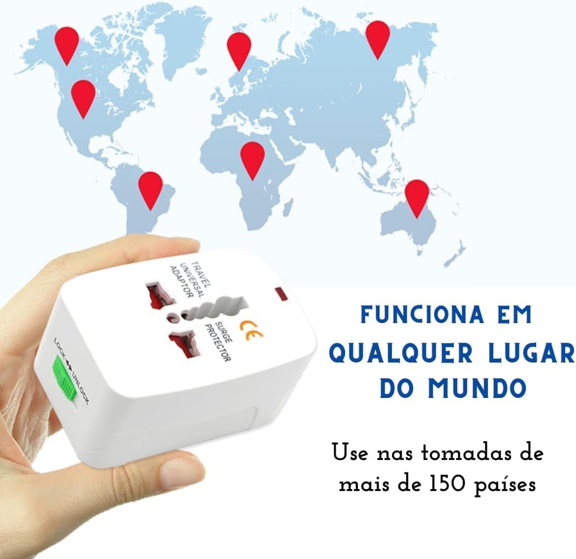 Adaptador de Tomada Universal Para Viagem Padrão Internacional Europa UK Asia EUA JP AU EU Europeu 3 Pinos Mais de 150 Países Bivolt Trava de Segurança Portátil Ajustável Super PREMIUM - Imagem 2
