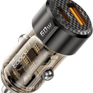 Carregador Veicular Toocki 60W USB-C + USB-A – Carregamento Rápido PD 30W e QC 3.0 – Chip de Proteção Inteligente, Compacto, Certificação ANATEL – Compatível com iPhone, Samsung e +