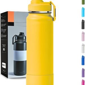 Garrafa Térmica 1000ML – Duplamente Isolada a Vácuo, Aço Inox 304, Base Emborrachada Anti Derrapante, Mantém Bebidas Quentes por 12 Horas e Geladas por 24 Horas (Amarelo Slin)