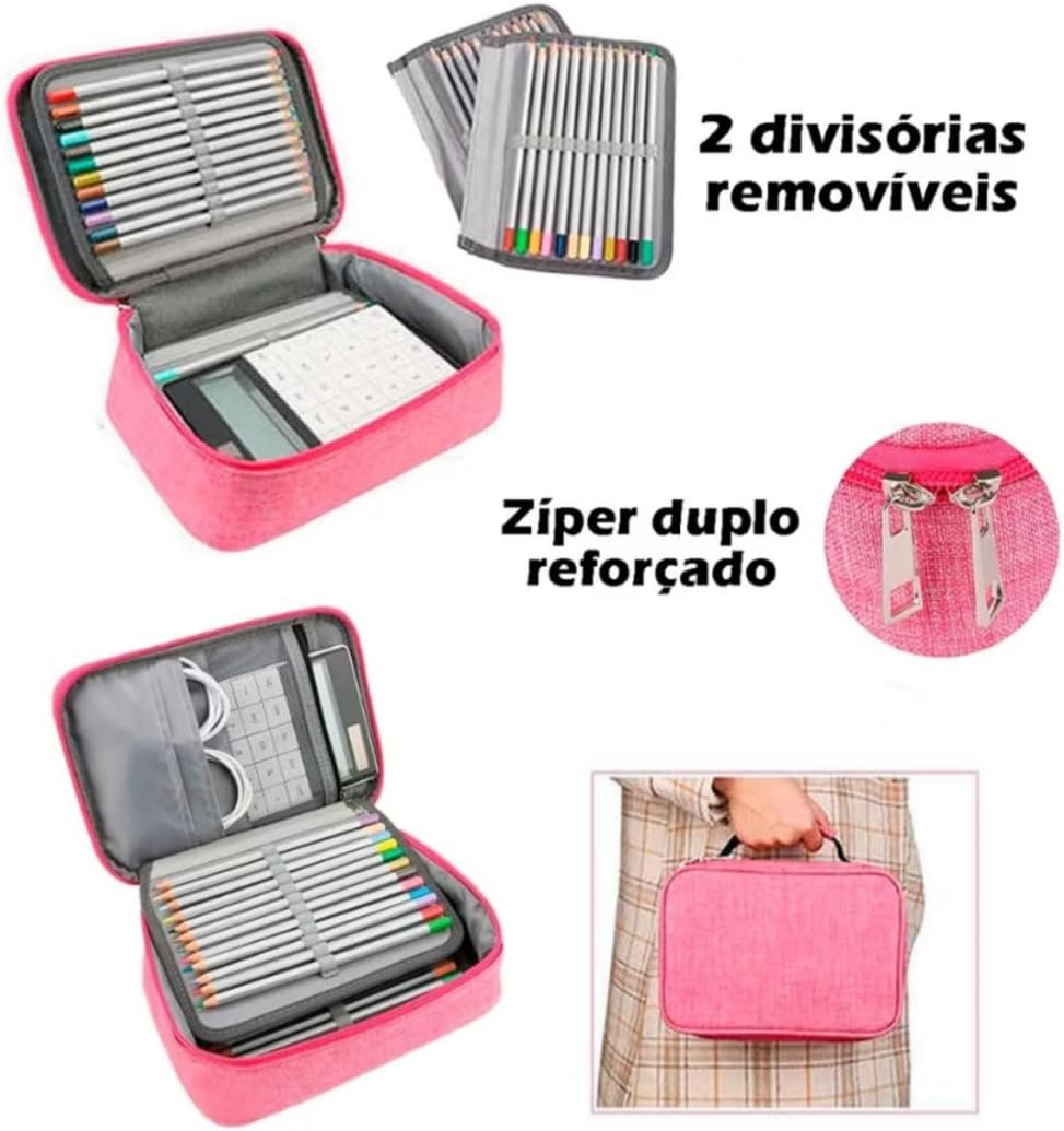 Estojo Escolar Grande Capacidade, Estojo Box Jumbo Com Alça e Elastico para 72 canetas ou lápis, Feminino Masculino, Infantil Adulto, Organizador Com Divisórias e Zíper (ROSA) - Imagem 2