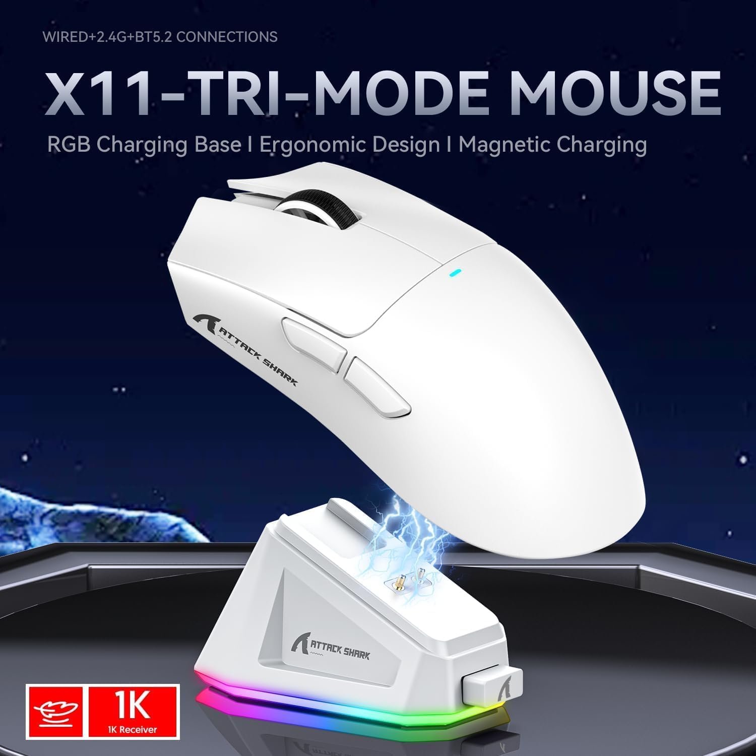 ATTACK SHARK X11 Mouse para jogos com dock de carregamento magnético, sensor para jogos PixArt PAW3311, para sem fio/com fio BT/2.4G, 22000 DPI, mouses de escritório para jogos para Win11/Xbox(branco) - Imagem 2