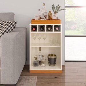 VIA NOSSA – Aparador Bar Retrô Bandeja de Mdf Adega 4 Garrafas Astúrias Cor:offwhite/cedro