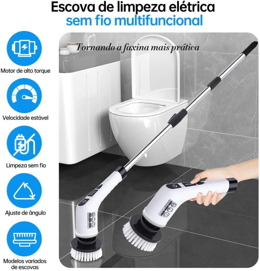 Esfregão Elétrico Giratório 9 em 1 com Cabo Ajustável e 9 Cabeças Intercambiáveis – Escova Multifuncional para Limpeza de Banheiros, Pisos e Azulejos, Prática e Poderosa! - Imagem 6