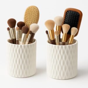 Organizador de Pincéis 360° Giratório – Porta Maquiagem com 5 Compartimentos Rotativos – Design Moderno e Funcional para Bancada