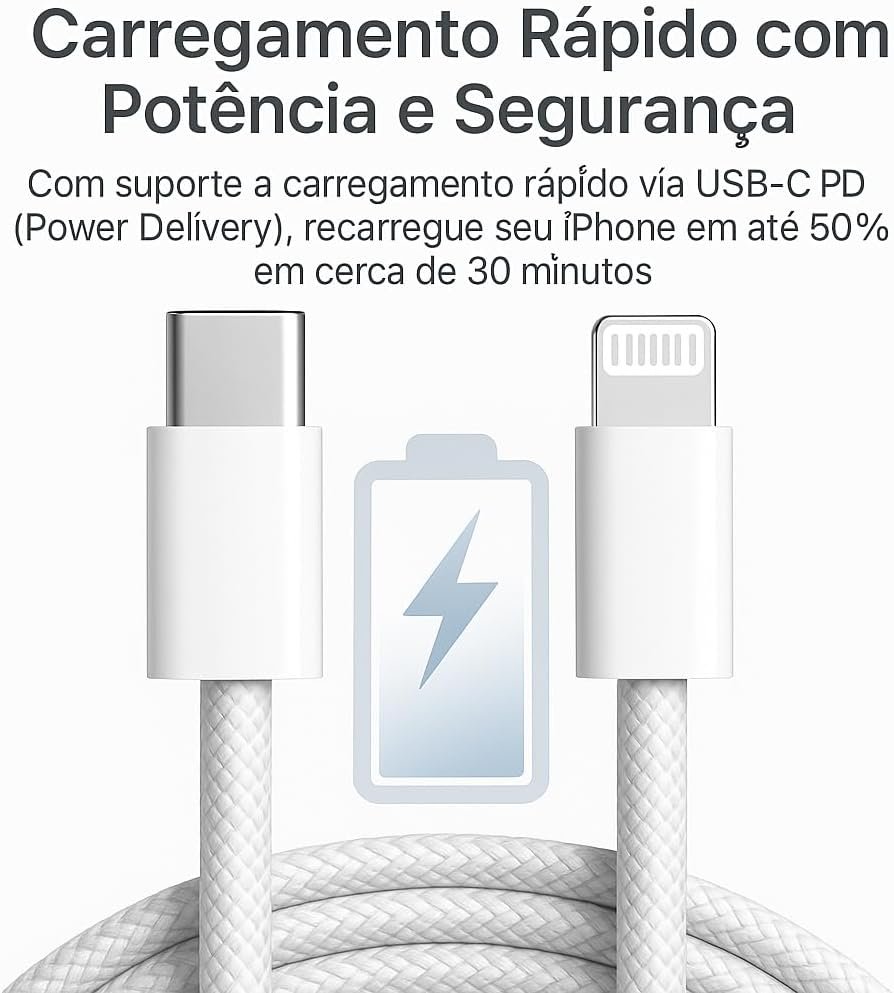 Cabo Carregador Turbo Trançado De Nylon Branco Compatível com iPhone 14/13/12/11/XR/XS/8/7/SE/XR Certificado Premium - Imagem 2