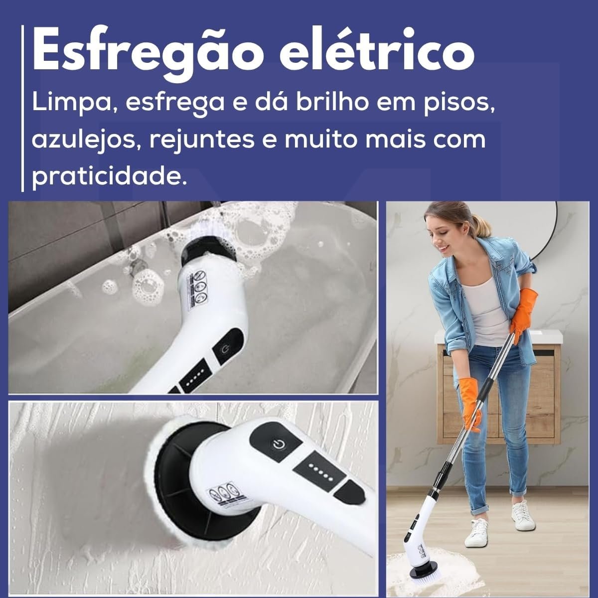 Esfregão de Limpeza Elétrico 9 em 1 com Cabeças Giratórias Ajustáveis - Escova Elétrica Recarregável Multiuso Bivolt com Cabo Extensor Sem Fio para Banheiro Cozinha Piso Azulejo Vidro - Imagem 2