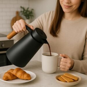 Garrafa Térmica 1L Premium – Design Elegante em Preto com Cabo de Madeira | Ideal para Café, Chá e Bebidas Quentes | Mesa Posta Sofisticada