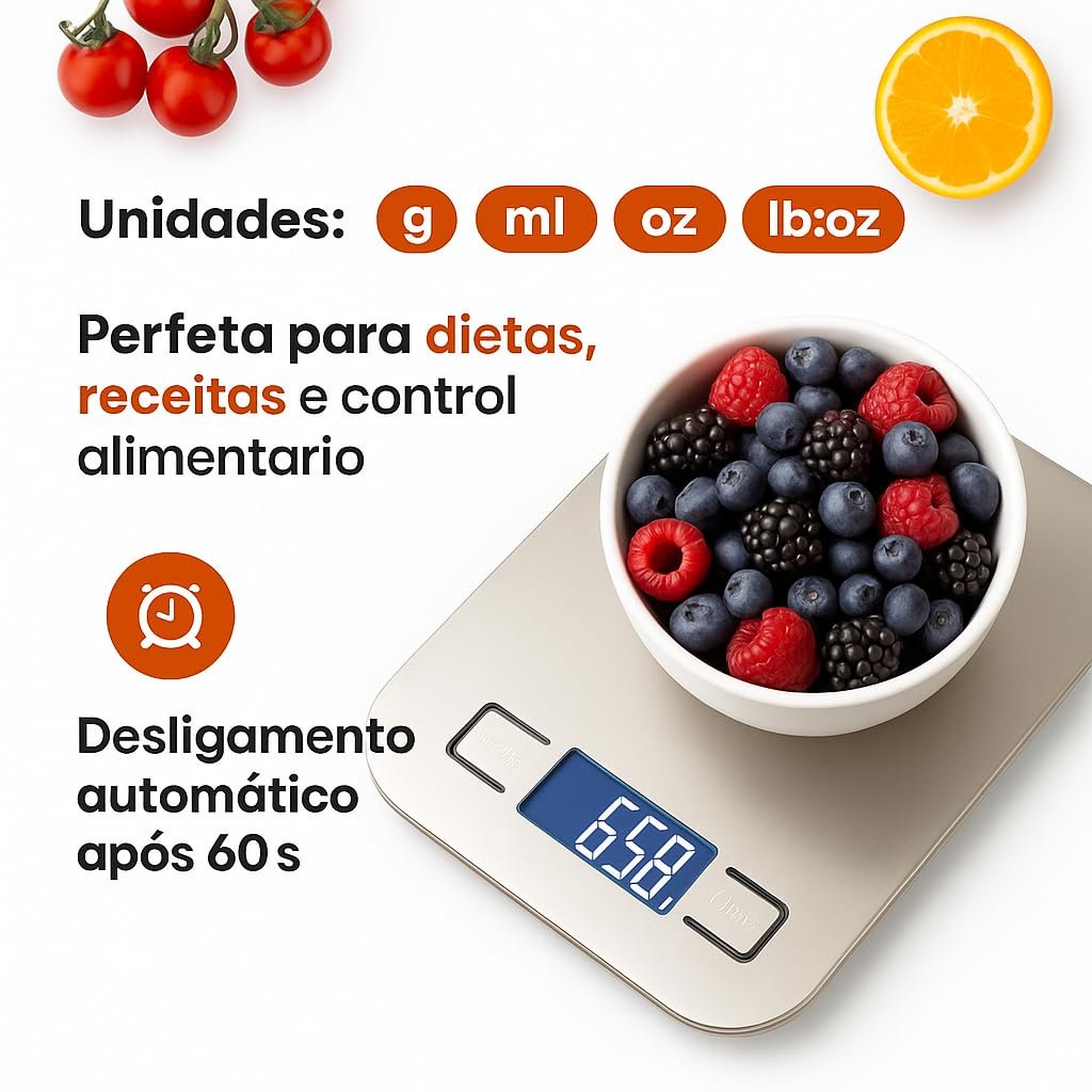 Balança de Cozinha Digital Premium em Inox Resistente à Água Portátil Base Antiderrapante Visor de Alta Definição Pesagem Precisa de 1g a 10kg Durável Moderna e Ideal para Alimentos Frescos - Imagem 3