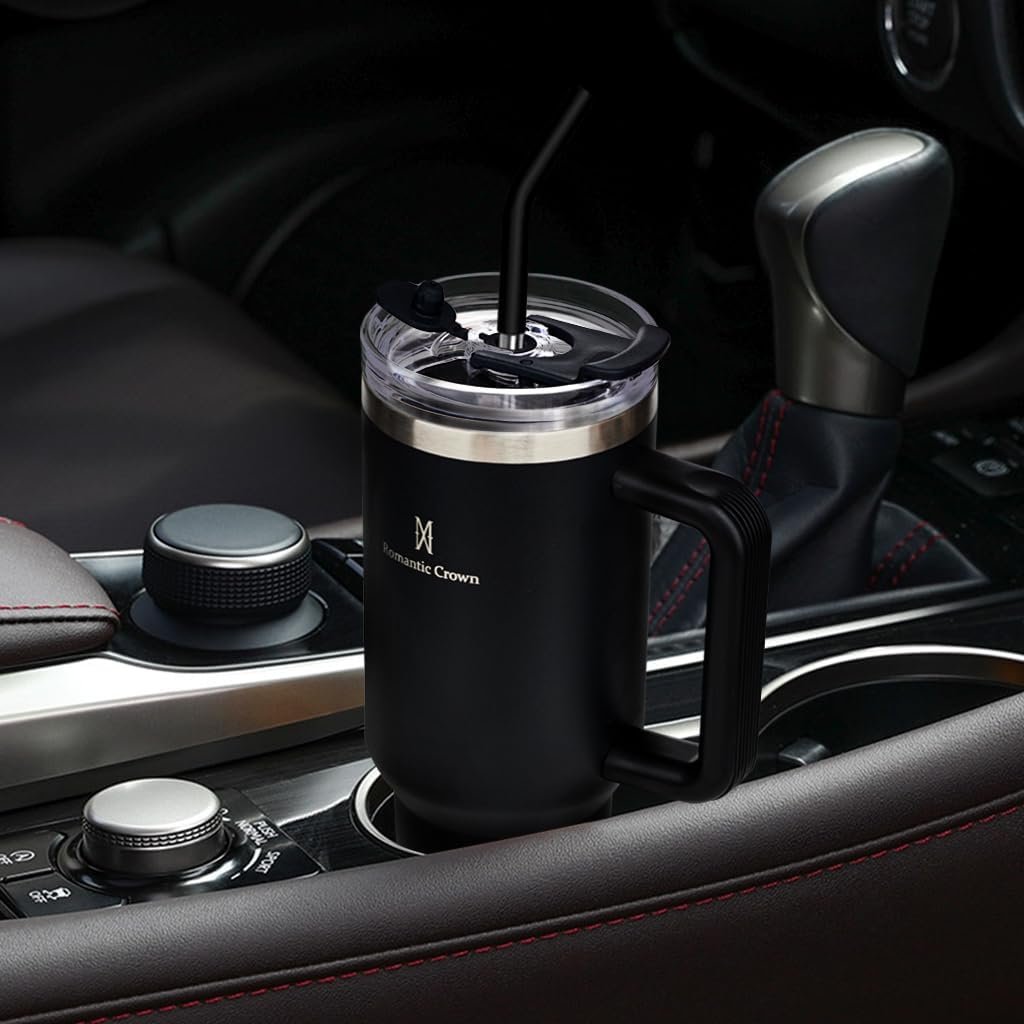 Romantic Crown Copo Térmico com Canudo Tampa e Alça 1,18L, Cops Garrafas Termico para viagem vácuo dupla camada aço inoxidável, Caneca Termica Cafe Água Chá,Presente, Fitness (Preto) - Imagem 6