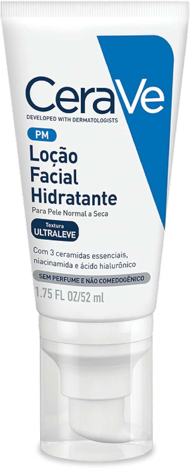 CeraVe Loção Facial Hidratante PM, Textura Ultraleve, Hidratação Suave e Rápida Absorção, com Ceramidas Essenciais e Ácido Hialurônico, Sem Perfume e Hipoalergênica, 52ml