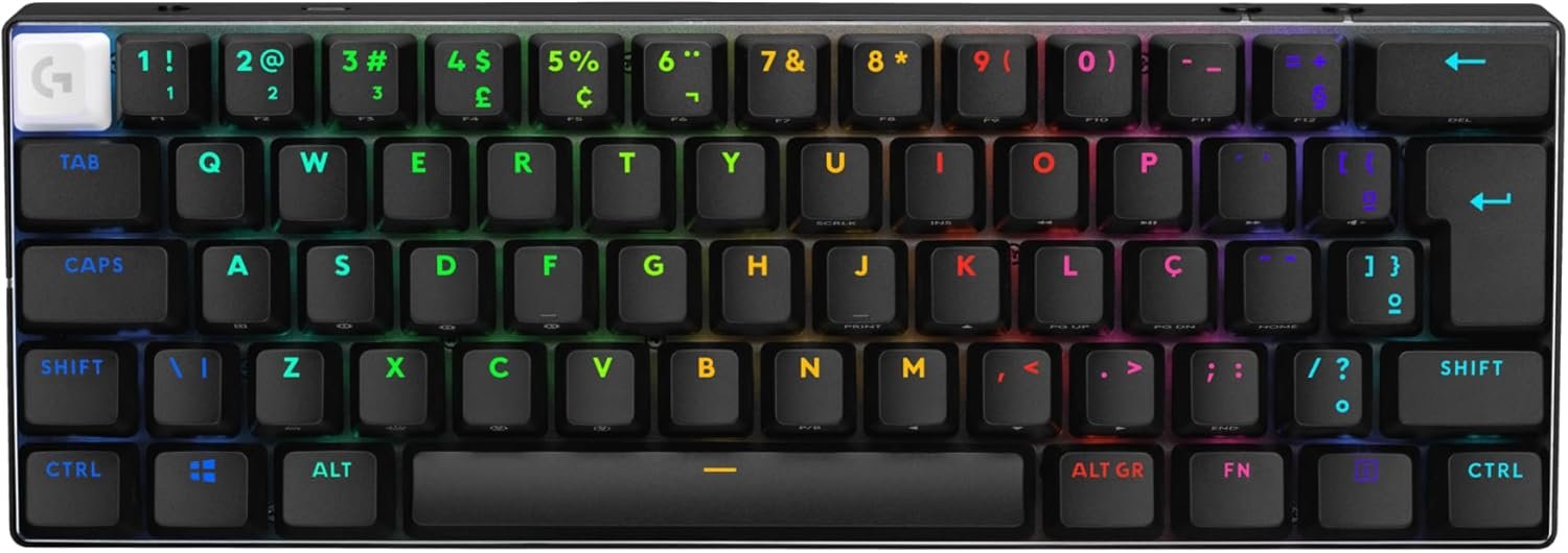Teclado Mecânico Gamer Sem Fio Logitech G PRO X 60 LIGHTSPEED com Design Ultra Compacto TKL 60%, Switch Óptico GX Tactile, RGB LIGHTSYNC, Conexão Bluetooth ou USB, Compatível com Windows - Preto