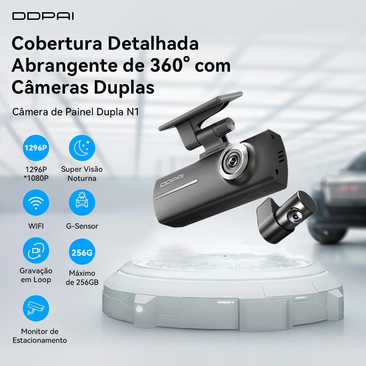 DDPAI N1 Câmera Veicular Dupla 1296P + 1080P com Wi-Fi, Câmera para Carro com Visão Noturna, Sensor G, Gravação em Loop e Modo Estacionamento 24h, Supercapacitor (Cartão SD Não Incluído) - Imagem 2