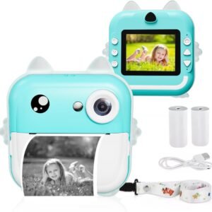 Câmera Digital Infantil Portátil 20MP, Tela de 2 Polegadas, 200 dpi, Resolução 1080P, Impressão Instantânea, Conexão com Celular, com Papel de Impressão (CAM-12607-Azul)