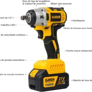 Chave de Impacto 21V 2 em 1 com Motor Sem Escovas, 450 N.m de Torque, LED, Mandril 1/2″, Bateria Li-Ion – Kit e Acessórios