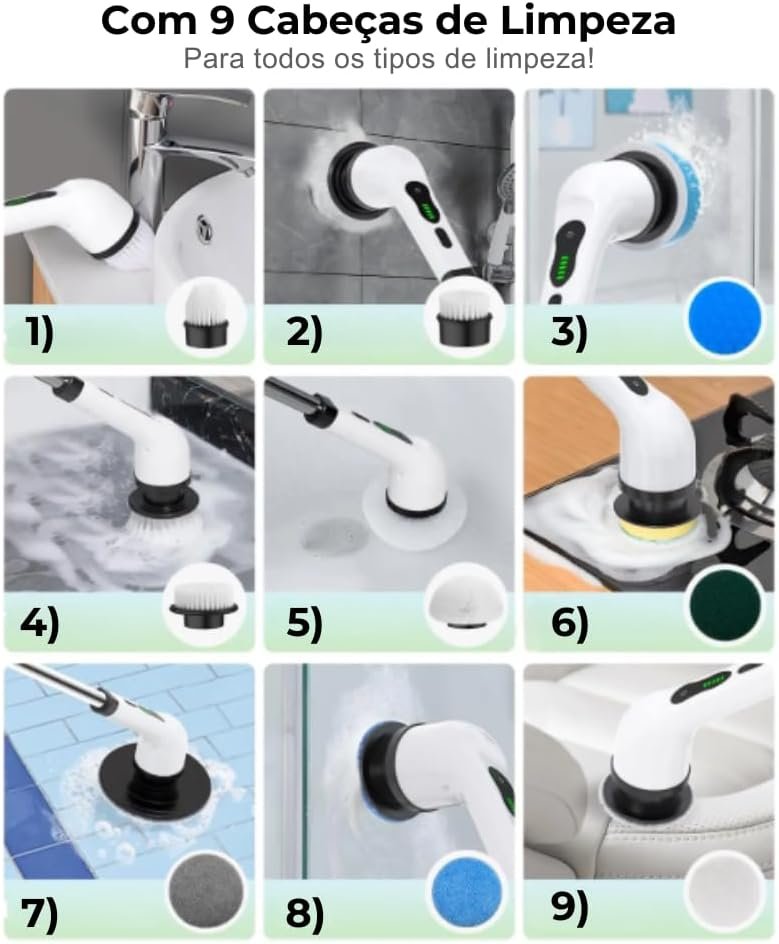 Esfregão de Limpeza Elétrico Giratório 9 em 1 sem Fio 9 Cabeças de Escova Mop Potente Cabo Ajustável Portátil 110 220v Limpeza Pesada Multiuso Banheiros Piso Azulejo - Imagem 4