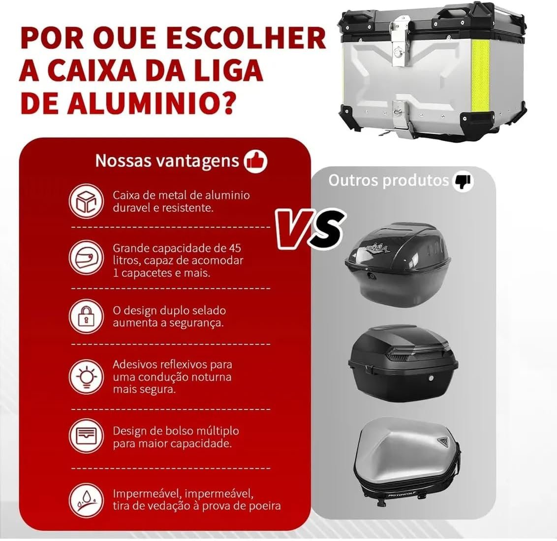 Bau moto de Alumínio de Alta Resistência - Baú Traseiro Universal 45 Litros com Alta Dureza, Impermeável e Antifurto, Capacidade para 2 Capacetes - Imagem 4