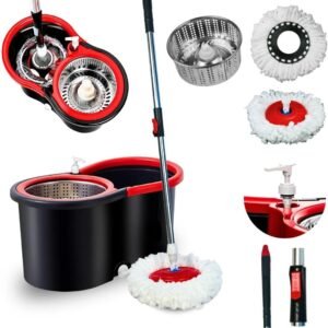 Mop Giratório Vermelho e Preto Com Cesto Em Inox C/2 Refil De Microfibra e Dispenser Para Sabão – Nybc