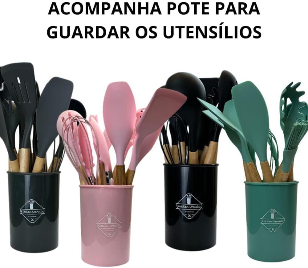 Kit 12 Utensílios De Cozinha Em Silicone E Cabo De Madeira Jogo De Utensílios Resistente ao Calor Antiaderente Premium GAXMARK - Imagem 6