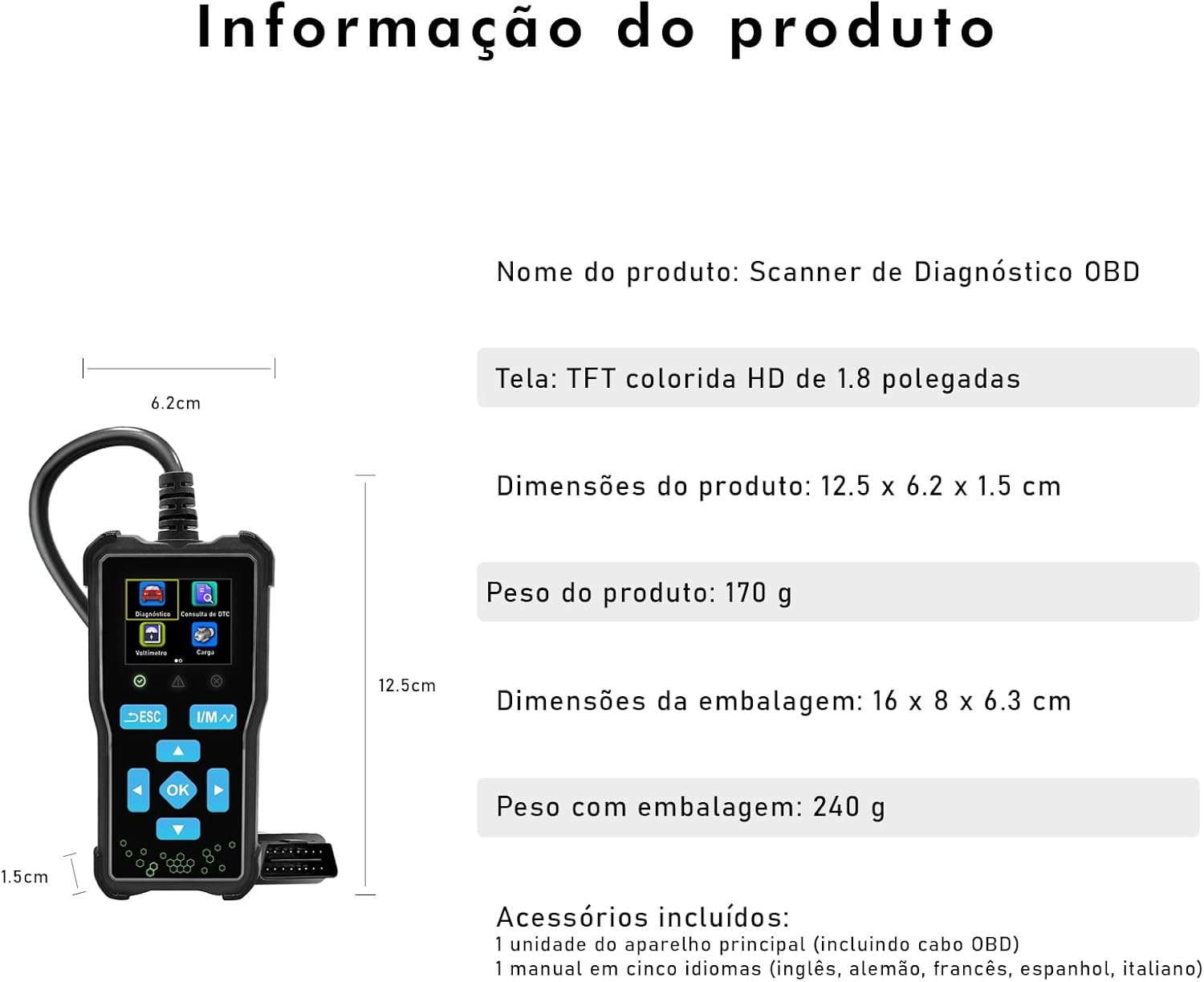 Scanner Automotivo OBD2 Portátil com Tela, Leitura/Apagamento de Códigos, Dados em Tempo Real, Teste I/M, EVAP e O2, Relatório de Diagnóstico — 12 V, para Carros com Conector OBDII (16 pinos) - Imagem 9