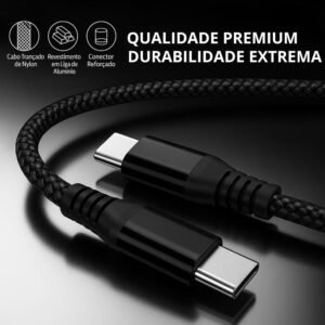 Cabo USB-C 2 metros Tipo C Turbo 60W Ultra Rapido Nylon Trançado e Reforçado Android e Iphone Notebook Tablet Qualidade Premium Carregamento Transferência de Dados