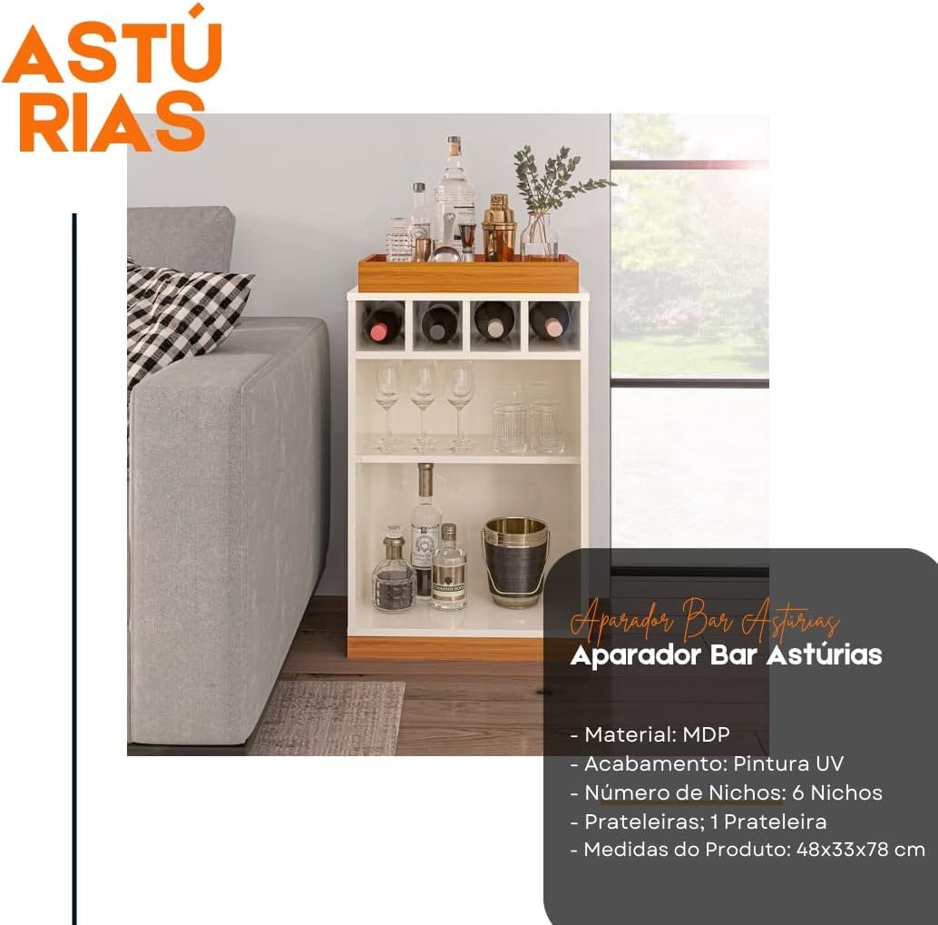 VIA NOSSA - Aparador Bar Retrô Bandeja de Mdf Adega 4 Garrafas Astúrias Cor:offwhite/cedro - Imagem 7