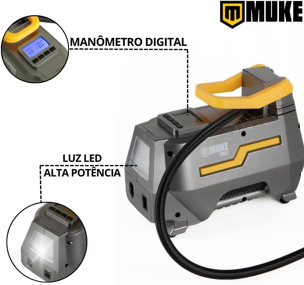 Mini Compressor De Ar Elétrico Portátil Bivolt 110/220v E 12v Muke Tools 120w 150 Psi Para Carro E Casa - Imagem 5